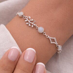 Vintage Moonstone Charm Bracelet, Real 925 Silver, 7 inches, Retro Style